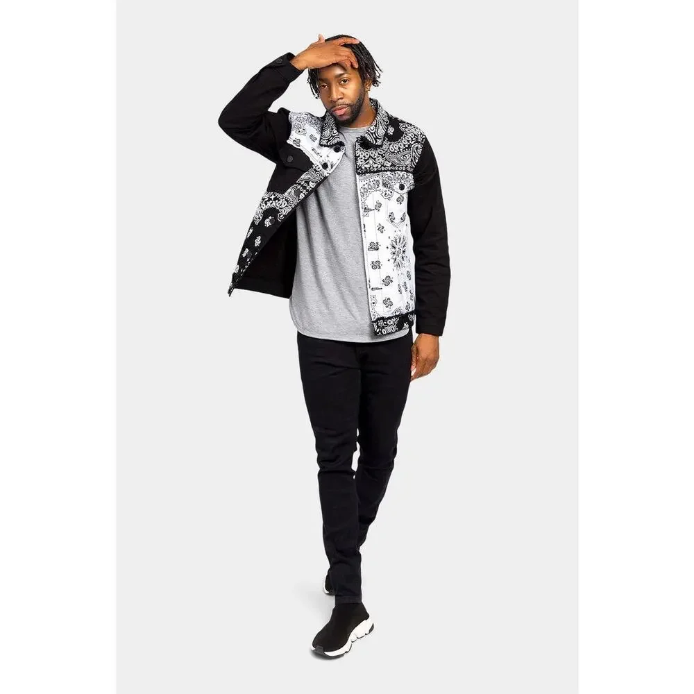 Victorious Colorblock Distressed Bandana Paisley Denim Button Jacket L - Picture 8 of 8